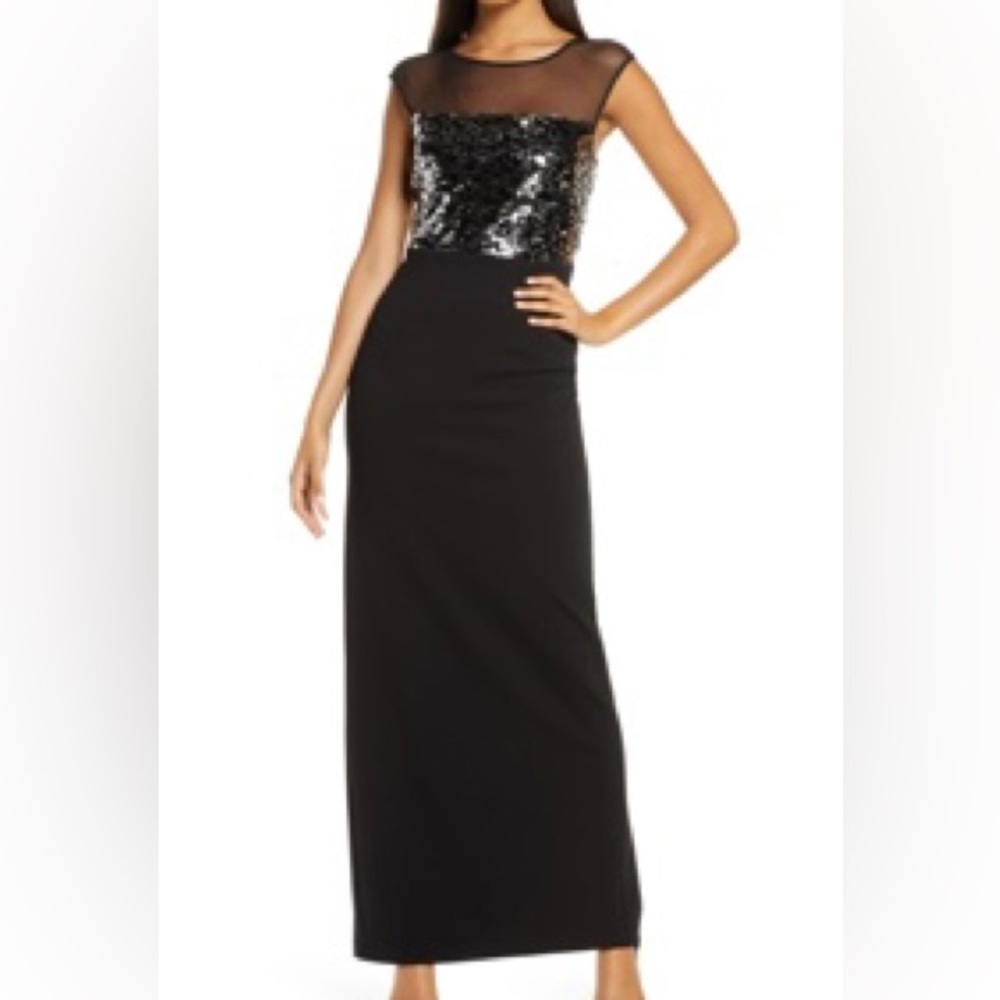 Vince Camuto long black sequined evening gown